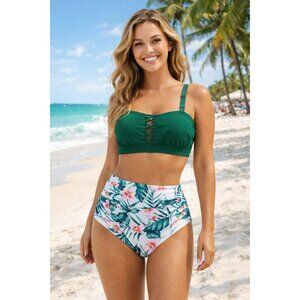 Daci Women's Green Bikini Top & Floral High Waist Bottoms Size Medium